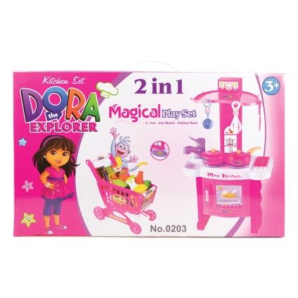 ست 2 تکه سبد خرید چرخ دار و سینک، هود و اجاق گاز فردار دورا 0203 dora | شهر اسباب بازی