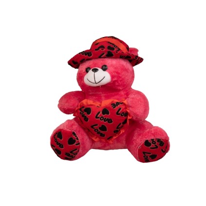 عروسک پولیشی خرس نشسته کلاه و لاو دار 45 سانت | شهر اسباب بازی