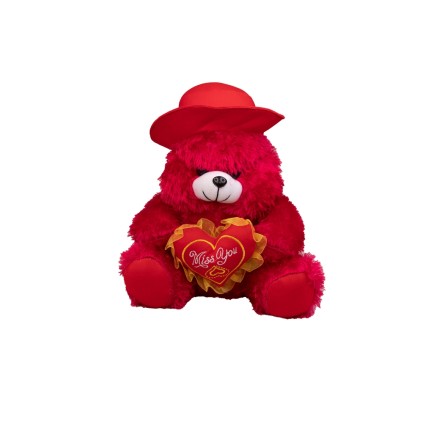 عروسک پولیشی خرس تپل نشسته کلاه و قلب به دست 35 سانت | شهر اسباب بازی