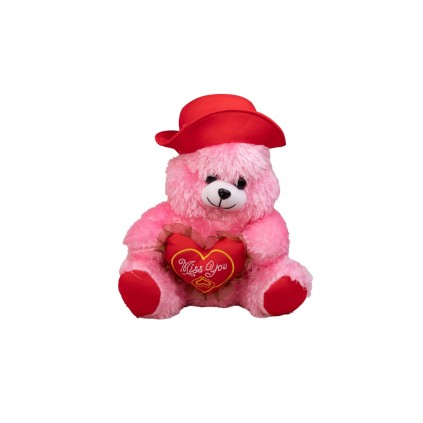 عروسک پولیشی خرس تپل نشسته کلاه و قلب به دست 35 سانت | شهر اسباب بازی